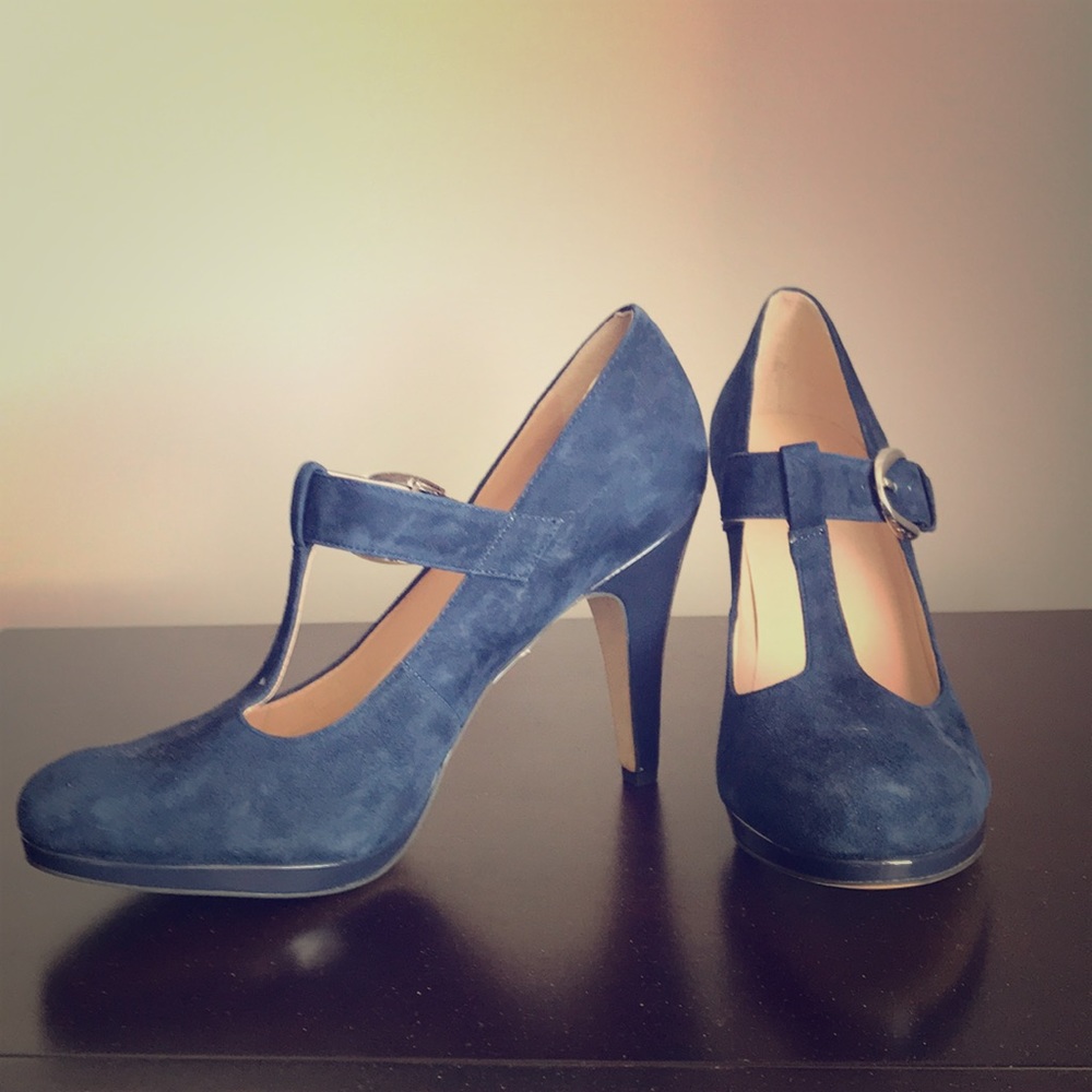 Navy blue suede t strap heels